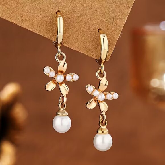 14K Gold Womens Hanging Drop Pearl Hoop Earrings Ladies New 14 K Silver Jewelry